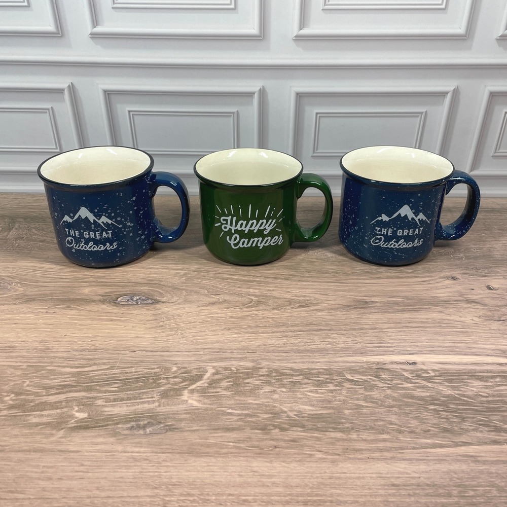 Set 3 Coffee Mugs "The Great Outdoors" "Happy Camper" Blue Green Ceramic 12oz